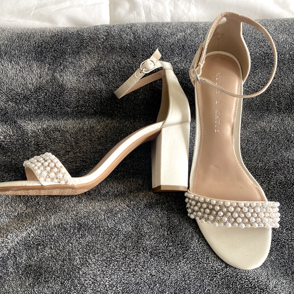 White satin block heel with beaded design
